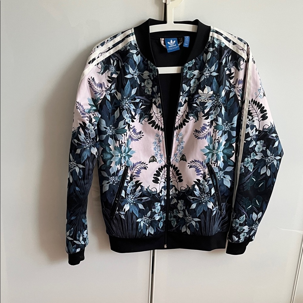 Adidas Women's Floral Bomber Jacket - Black and Blue